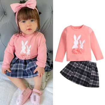 FOCUSNORM/ Комплекты осенней одежды для маленьких девочек от 0 до 6 лет, 2 предмета, толстовка с длинными рукавами и принтом кролика, топы, клетчатые юбки трапециевидной формы