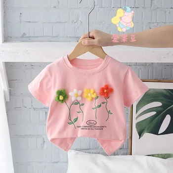 Новая летняя футболка с коротким рукавом в цветочек для девочек, детская милая нижняя рубашка с круглым вырезом, хлопковый удобный топ для малышей