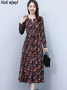 Осенне-зимнее черное платье Миди с длинным рукавом в цветочек, женское Корейское Винтажное вечернее платье Vestidos 2023, Элегантные облегающие повседневные платья