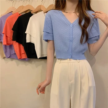 Корейская летняя женская рубашка из тонкого трикотажа, укороченный топ с V-образным вырезом